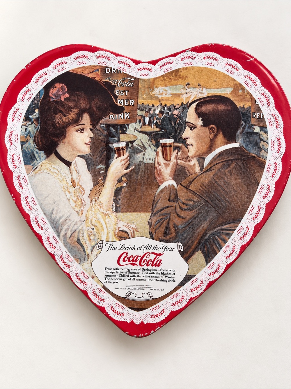 Coca-Cola Heart Tin with Romantic Vintage Illustration - Red & Brown